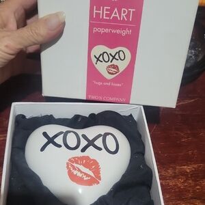 Two's Company White Heart Paperweight with Red XOXO Design